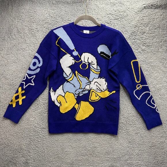 Disney Donald Duck Small Pullover Knit Sweater Crew Neck Large Donald Print Fun - Picture 1 of 10